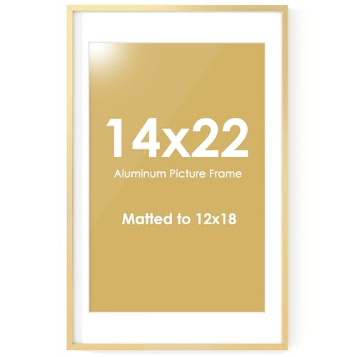 Fun Memories 14x22 Picture Frame, 14 x 22 Metal Picture Frame with Mat for 12x18 Photo- Tempered Glass- Vertical and Horizontal Display - Wall Hook Hanging Hardware Included -Set of 1
