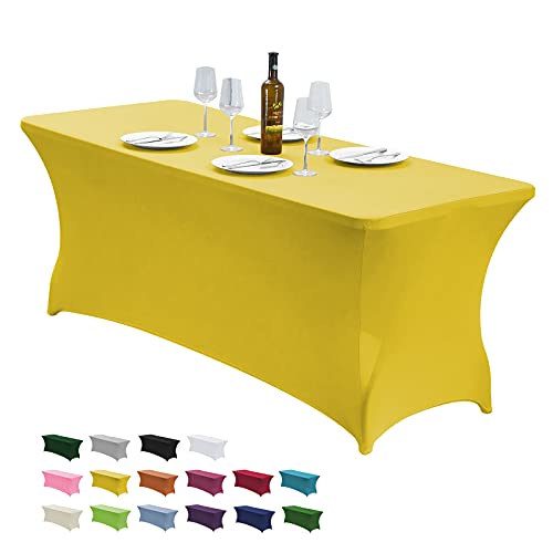 "CWK 6FT Stretch Spandex Fitted Tablecloth,Rectangular Table Cover,Yellow - Fits 72x30"" rectangular folding tables.Wrinkle & stain resistant stretch fabric.Ideal for parties,weddings & vendor events"