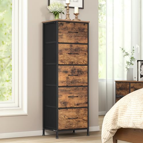 SONGMICS Chest of Drawers, Storage Unit, for Bedroom, Closet, Hallway, Living Room, Steel, 5 Drawers, Industrial, Rustic Brown and Ink Black BELLAH Collection LGS315BH04