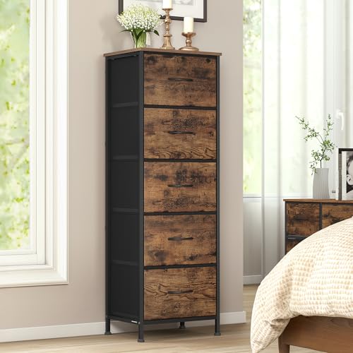 SONGMICS Chest of Drawers, 5 Fabric Drawers Storage Unit, Steel, MDF, Non-Woven Fabric, for Bedroom, Closet, Hallway, Living Room, Rustic Brown and Ink Black LGS315BH04
