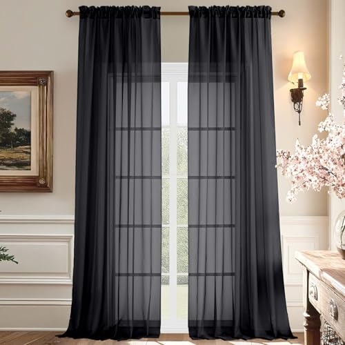 "Aiyufeng Sheer Black Curtains 120 Inches Long, Extra Long Rod Pocket Solid Color Window Sheer Curtain Panels, Elegant Curtains & Drapes for Living Room, Bedroom 2 Panels (Black, 59"" W x 120"" L)"