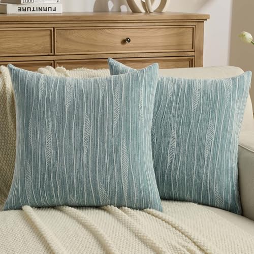 FUTEI Pack of 2 Chenille Throw Pillow Covers 18x18 Inch, Dyeing Teal - Double-Sided Elegant Line Textured Design,Side Hidden Zipper,Machine Washable,Pill-Resistant,Colorfast,Insert Not Included.