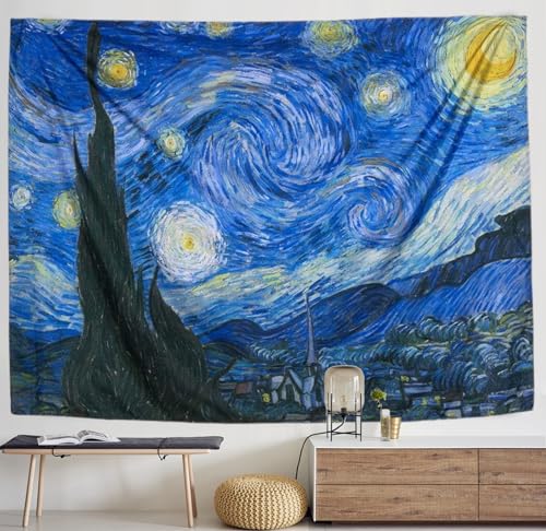 IcosaMro Starry Night Tapestry Wall Hanging, Van Gogh Art Wall Tapestries [60x82.7''][Double-Folded Hems]- Star Blanket Tablecloth for Bedroom, Dorm, College, Living Room, Blue