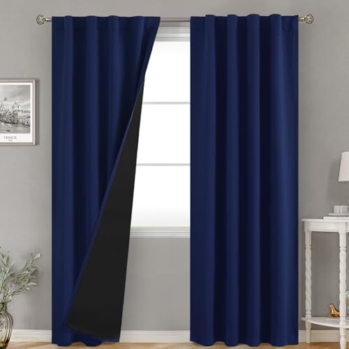 BGment Navy Blue 100% Blackout Curtains for Bedroom, Black Out Living Room 84 inch Panels with Thermal Liner, Rod Pocket and Back Tab Double Layer Room Darkening Drapes, 2 Panels,Each 38 x 84 Inch