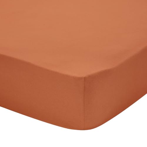 ESSIX - Plain Cotton Flannel Fitted Sheet, 30 cm Corner, Frisson - 90 x 200 cm - Medium Orange - 170 Threads/cm² - Cotton Flannel - 30 cm Deep Pocket - Easy Care