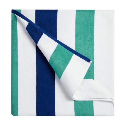 "Bornbay Cotton Oversized Beach Towel - Extra Large 40""X70"" Plush Thick Pool Towel, XL Fluffy Stripe Teal Beach Towels for Adults Mens Women (White Teal Blue)"