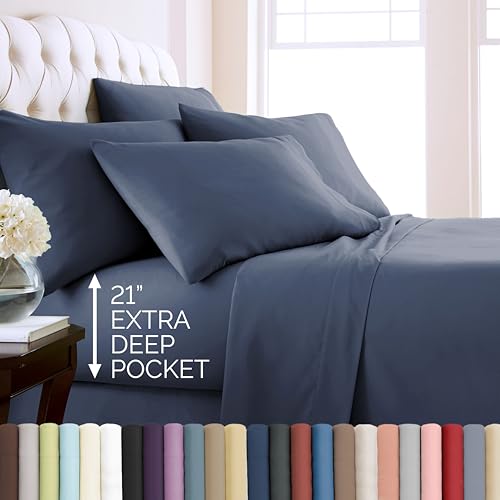 Southshore Fine Living, Inc. 21-Inch Extra Deep Pocket Sheets King Size, 6-Piece Breathable Microfiber Bed Sheet Set, Pet Hair Resistant Cooling Sheet Set, Dark Blue Pillow Cases, Dark Blue Sheets