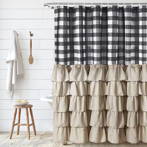 "Seasonwood Farmhouse Shower Curtain Set with 12 Hooks Boho Shower Curtain with Button Bathroom Decor Black Buffalo Plaid Pattern with Fabric Ruffles Waterproof with Washable Durable 72""x72"""