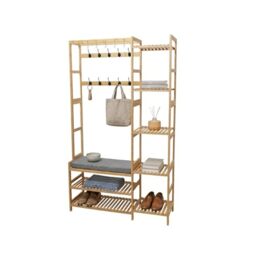 Relaxdays coat rack, bench, shoe shelf, 15 hooks, 5 shelves, 175x104x33 cm, bamboo, natural