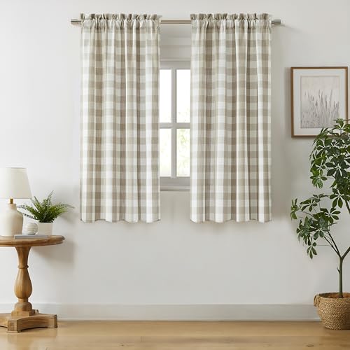 "Bapawfish Tan Buffalo Check Window Curtain Panel 54 Inch Long,Beige Buffalo Plaid Gingham Geometric Rod Pocket Window Treatment,Rustic Farmhouse Style Drapes for Bedroom Living Room,40""Wx54""Lx2,Beige"