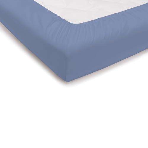 PENSIERI DELICATI Double Bed Sheet 180 x 200 cm, Plain Colour Fitted Sheet +30 Made in 100% Cotton, Made in Italy, Light Blue