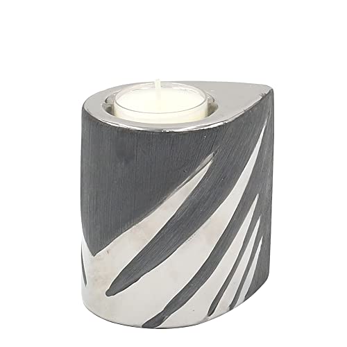 Elegant modern decorative designer ceramic tea light holder in silver-grey, dimensions (L x W x H) approx. 7 x 9 x 9 cm.