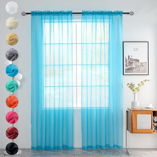 youleyar Solid Sheer Rod Pocket Curtain Voile Draperies 2 Panels White Beige Black Grey Coffee 52 Inch Width 54 Inch Long 1 Pair for Kitchen Bedroom Children Living Room Yard (Cyan Blue,52W???54L)