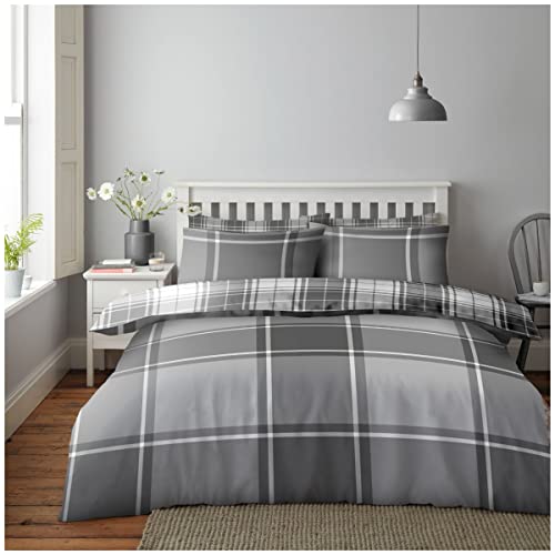 GC GAVENO CAVAILIA Tartan Duvet Covers Set, Reversible Bedcover Check Bedding Double Bed Set, Super Soft Quilt Covers, Grey