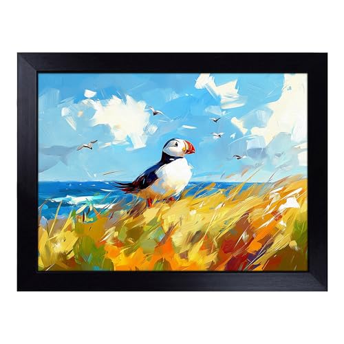 Lap Tray with Bean Bag Cushion, Puffin - Handmade in the UK, Raised Wooden Edge, Padded Cushion, Heat-Resistant Wipe-Clean Surface, for Meals, Laptops and Crafts
