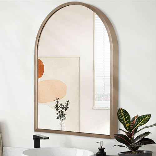 "HLFMVWE Arch Wall Mirror 20""x16"" Large Bathroom Mirror Metal Frame Mirrors for Wall, Decoration Vanity Bedroom Entryway Living Room Brass"