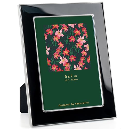 Venusmiles 5x7 Enamel Picture Frame, Silver Metal Edge with Easel, Real Glass Photo Frame for Wall and Tabletop Display Family Office Photo Gallery, Black Enamel/1pc