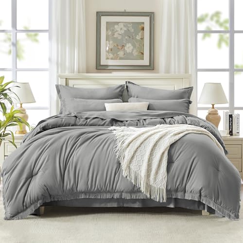 Andency California King Comforter Set, 7 Pieces Medium Grey Bedding - Boho Bed in a Bag, Soft Lightweight, Fringe Bed Set with Comforter(104x96), Sheets, Pillowcases & Shams