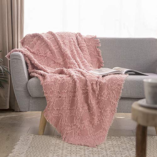 Simple&Opulence 100% Cotton Woven Mesh Blanket with Tassels for Bed/Sofa, Textured, Bohemian, Soft, Lightweight and Breathable, Rustic Chic Decor for All Seasons (Pink)