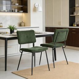 MEUBLE COSY Dining Chairs Set of 2, Upholstered Fabric Kitchen Chair with Thick Seat Cushion and Backrest, Metal Legs, Green