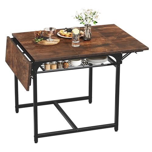 YITAHOME Folding Dining Table, Extendable Drop Leaf Table with Storage Rack and 4 Adjustable Legs, Seats 2-6 People, 120 x 78 x 75cm, Rustic Brown and Black