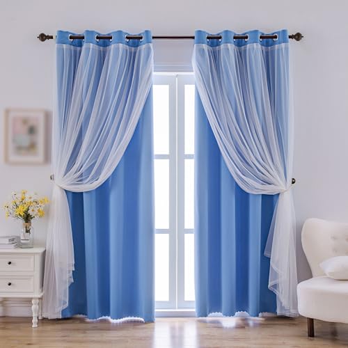 indistar Home Blackout Curtains Double Layer Solid Sheer Grommet Top Window Curtain Panel Pair, 52Wx72L,Blue