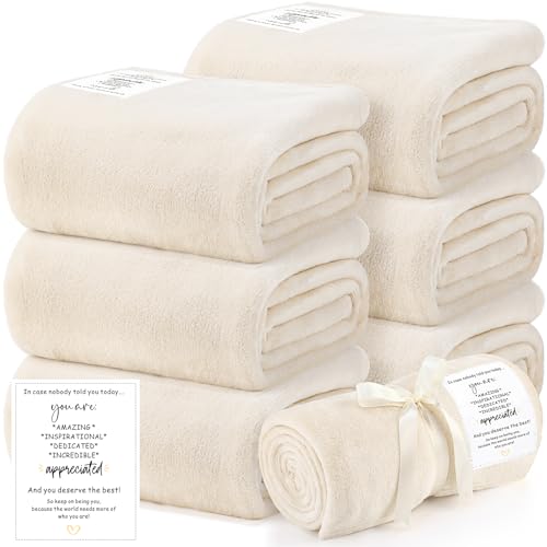 Moukeren 6 Pack Employee Appreciation Gifts Thank You Blankets Bulk, 50 x 60 Inch Fuzzy Cozy Blankets with Inspirational Quote, Soft Flannel Throws for Teachers Nurses(Beige,Dedicated)