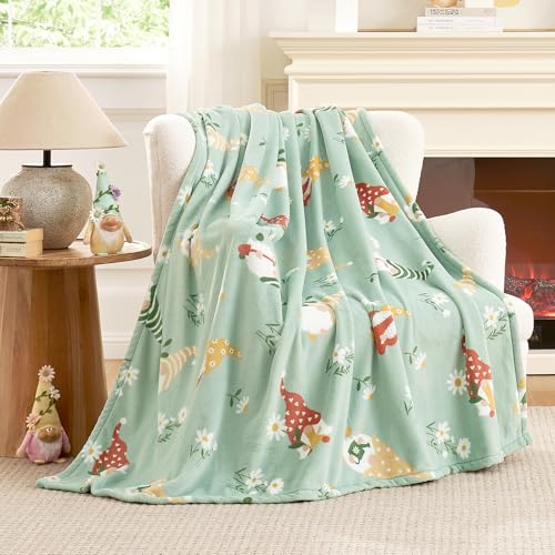 Cozy Bliss Gnome Spring Throw Blanket - Garden Daisy Floral Design, Warm MilkyPlush Throw Blankets, Ultra Soft Cozy Blankets for Couch, Sofa and Bed, Beige, 50X60inches