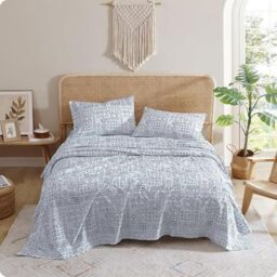 Indigo Ink - Twin Sheets, Soft & Wrinkle Resistant 3-Piece Bedding Set, Geometric Boho Decor, Dorm Room Essentials (White Denim Collection, Twin)