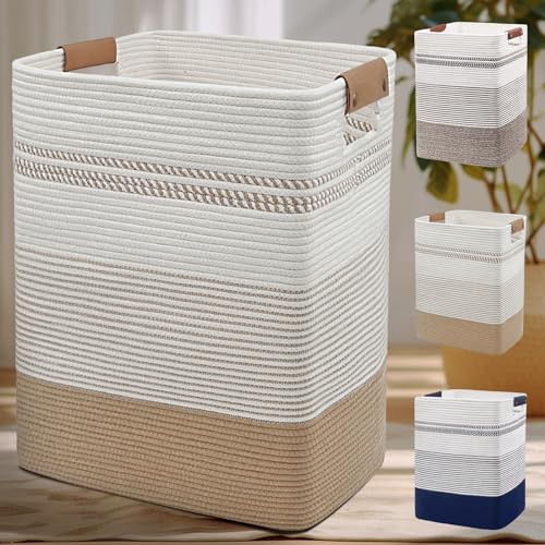 DOFASAYI ???????????? ???????????????????????????? Laundry Hamper - 85L Large Laundry Basket with Leather Handles, Decorative Storage Basket for Blankets - Clothes Hamper for Living Room, Bedroom, Jute & White