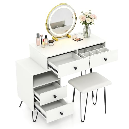 RELAX4LIFE Dressing Table and Stool Set, Makeup Vanity Desk with Charging Station, Drawers and 360°Rotation LED Mirror, Bedroom Cosmetics Dresser Storage Organizer (White)