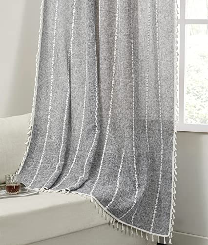 RoomTalks Dark Gray Boho Farmhouse Curtains for Bedroom Living Room 84 Inch Length French Cabin Rustic Country Cute Charcoal Window Curtain Panels Bohemian Chic Tassel Draperies, 84??????L x 52??????W