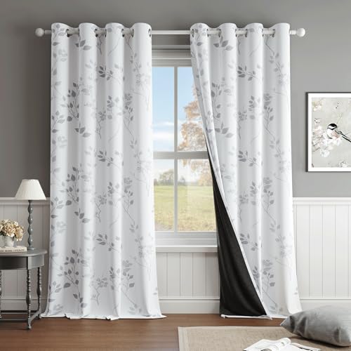Beauoop Floral 100% Blackout Curtains 90 Inches Long 2 Panels for Bedroom Living Room Grey White Flower Patterned Room Darkening Thermal Insulated Soundproof Grommet Window Treatments Drapes, 52X90