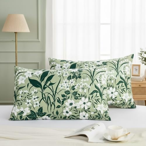 "Cozaline King Size Pillowcases Set of 2, 100% Cotton Pillow Cases, Vintage Green Floral Print, Soft Breathable Envelope Closure Pillow Covers(Standard, 20""x36"")"