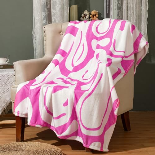 "Frienda Preppy Pink Smile Face Blanket - Cute Flannel Soft Plush Fuzzy Throw for Dormitory Living Room - 50"" x 60"" (Hot Pink Distort Smile Face)"