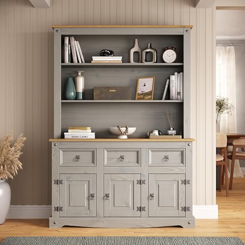 Corona Dresser Sideboard 3 Door 3 Drawer Grey Painted Wax Solid Pine Wooden Storage Cabinet with Shelves for Kitchen Hallway Living Room