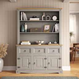 Corona Dresser Sideboard 3 Door 3 Drawer Grey Painted Wax Solid Pine Wooden Storage Cabinet with Shelves for Kitchen Hallway Living Room