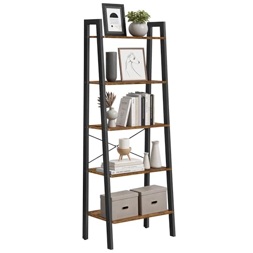 VASAGLE Ladder Shelf, 5-Tier Industrial Bookcase, Storage Unit, with Metal Frame, for Living Room, Kitchen, Rustic Brown LLS45X