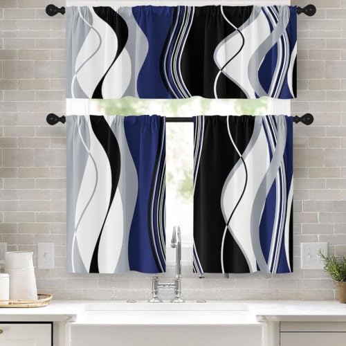 Tayney Blue Grey White Black Kitchen Window Curtains Valance and Tier Set 36 Inch, Geometric Lines Abstract Rod Pocket Short Tier Curtain for Bathroom, Modern Small Cafe Drapes for Kitchen Decor