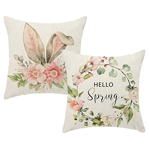 Hello Spring Wreath Pillow Covers 18x18, Easter Bunny Outdoor Decorative Throw Pillows for Couch, Rabbit Floral Decor Cushion Cover 2 Pcs Soft Farmhouse Square Linen Pillowcase for Bed Car Safa