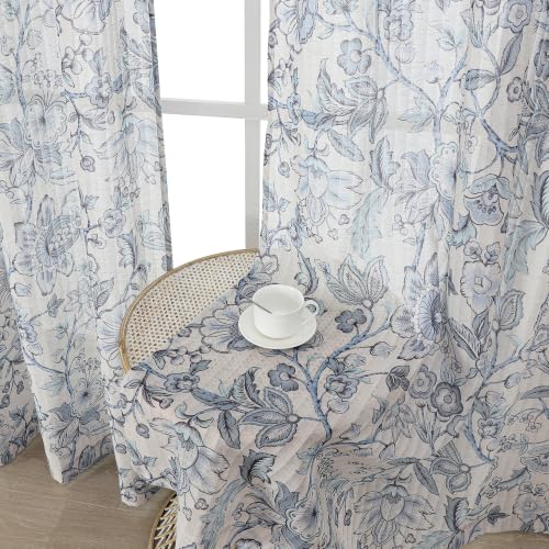 "Lecloud Blue Floral Sheer Curtains 84 Inches Long 2 Panels, Airy Light Filtering Flower Printed Farmhouse Curtains for Bedroom, Rod Pocket Drapes for Living Room Dining Room, Each Panel 52"" W x 84"" L"