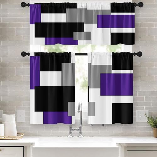 Tayney Purple Kitchen Curtains Valance and Tier Set 36 Inch, White Modern Rod Pocket Short Tier Curtain for Bathroom, Abstract Art Small Cafe Curtains for Decor