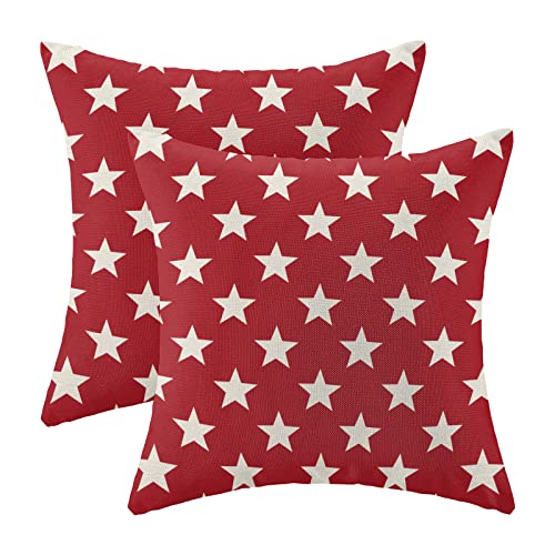 AEIOAE 4th of July Decorations Pillow Covers 20x20 Inch Set of 2, Independence Day Red Stars Throw Pillows Linen Farmhouse Holiday Patriotic Cushion Case for Sofa Living Room Outdoor Decor