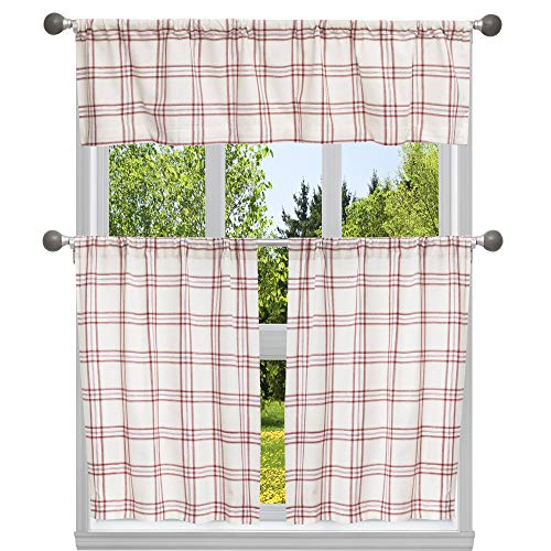 Home Maison Buffalo Check Plaid Gingham Kitchen Curtain & Tier Set, Garnet, 58x15