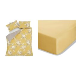 Catherine Lansfield Canterbury Floral Reversible King Duvet Cover Set with Pillowcases Ochre Yellow & Easy Iron Percale Combed Extra Deep King Fitted Sheet Ochre Yellow