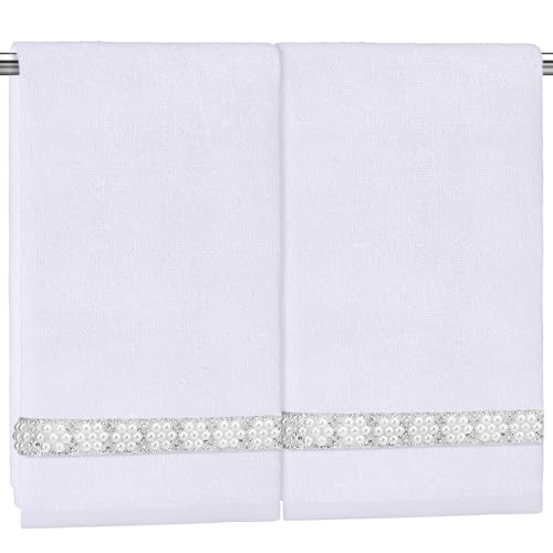 "Hahafelt 2 Pcs White Sparkling Hand Towels with Pearl for Bathroom 100% Cotton Glitter Soft Elegant Hand Bath Towels Absorbent Machine Washable for Spa Yoga Hotel Sport, 29.5"" x 13.8"""