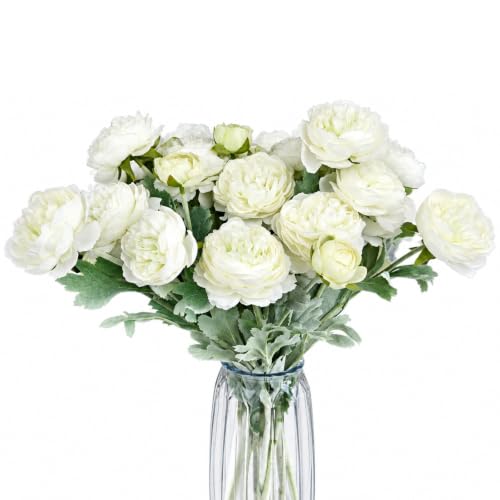 Molilito Artificial Flowers White Peonies 10pcs 30Heads Bouquet Fake Peonies Artificial Ranunculus Flowers for Indoor Faux Floral Arrangements Home Table Kitchen Wedding Party Farmhouse Decor ???