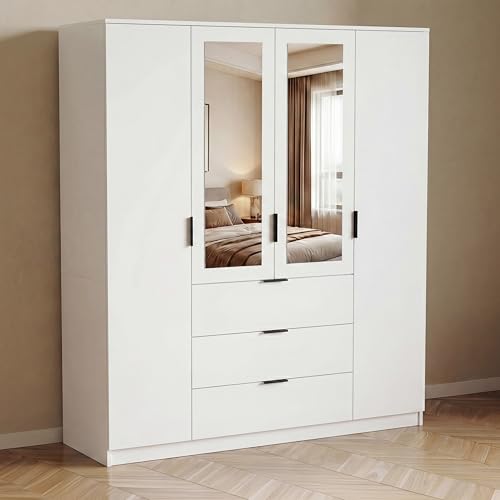 Vida Designs Trega 4 Door 3 Drawer Mirrored Wardrobe - White - Bedroom Furniture - 175H x 154W x 54D cm - With Storage Shelf & Hanging Rail - Large Capacity Storage
