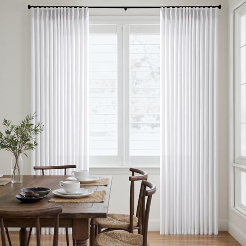 Extra Wide 70 Inch Pinch Pleated Linen Curtains 90 Inch Length 2 Panels Set Pure White Linen Light Filtering Farmhouse Sheer Curtains for Living Room Bedroom Large Windows Hook and Rings Included