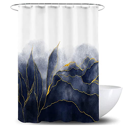 De-Mediocre Navy Blue Marble Shower Curtain Stylish Ombre Dark Blue and Gold Marble Leaves Bathroom Curtains Abstract White Golden Fabric Waterproof Polyester 72 x 72 Inch
